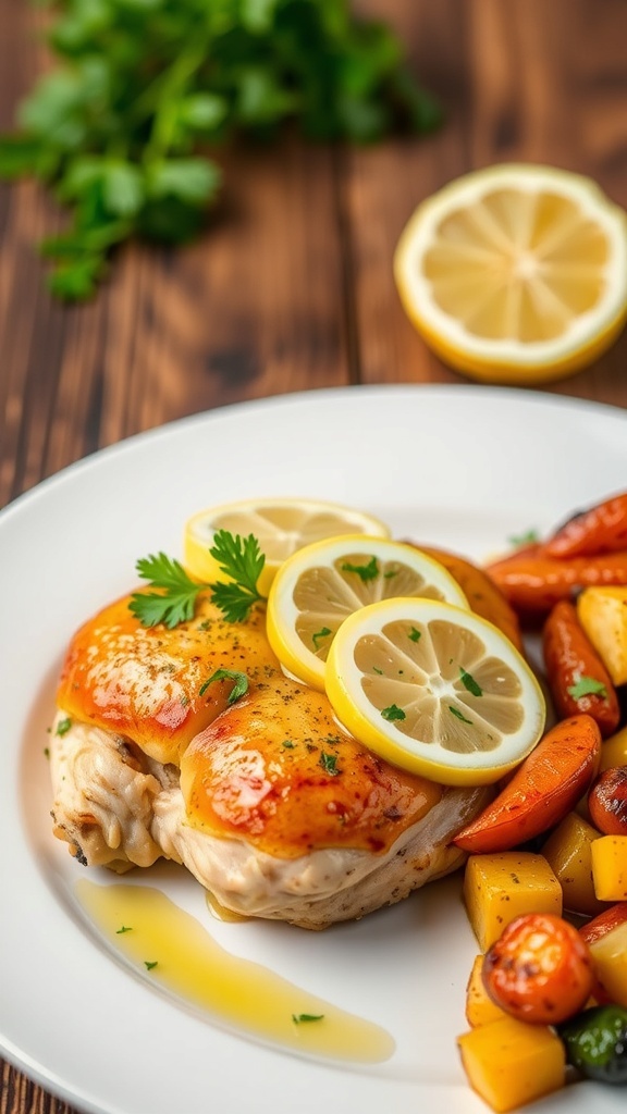 Oven-Baked Lemon Herb Chicken Recipe Oven-baked lemon herb chicken garnished with lemon slices and parsley on a white plate with roasted vegetables.